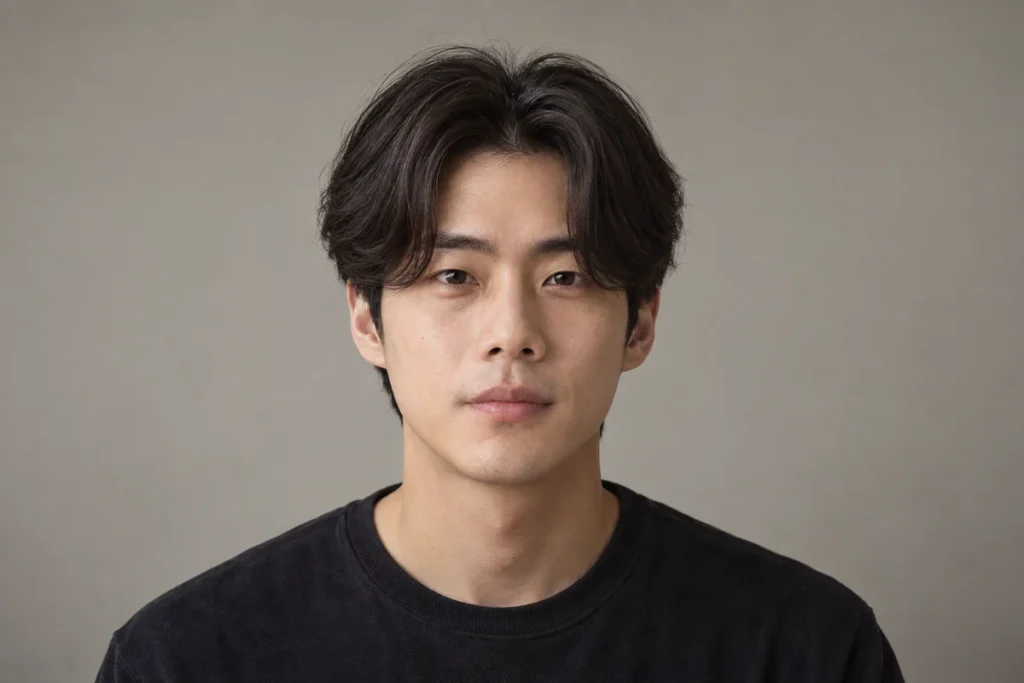 Dark middle-parted hair falling in two curved sections beside the forehead