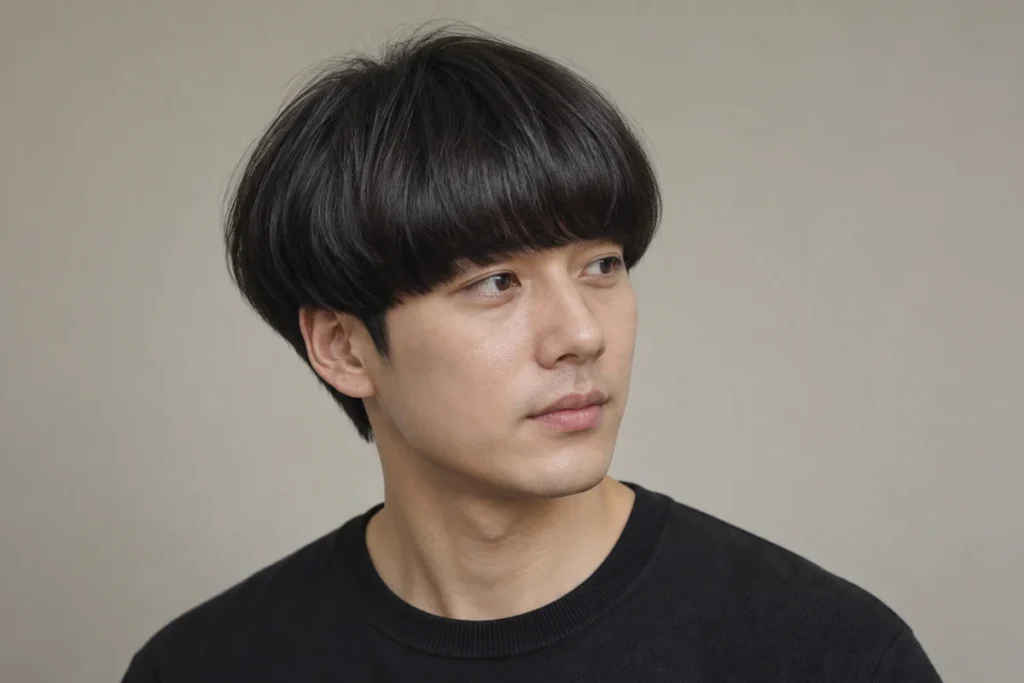 Dense black hair forming a rounded perimeter across the fringe and sides