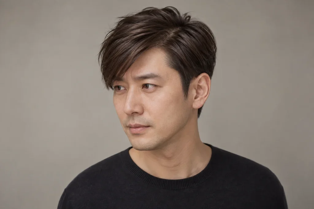 Brown fringe directed diagonally across the forehead with shorter sides