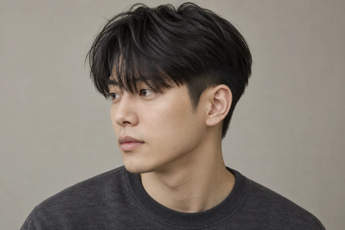 Long black top and forward fringe sitting over visibly shorter sides