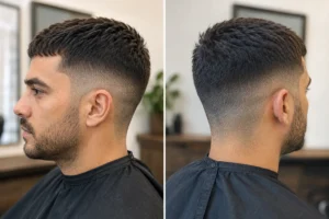 Mid fade haircut shown from the side and rear with a continuous temple-height shadow fade