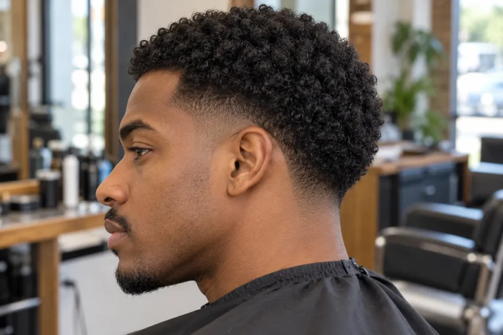 Side profile of compact coily hair with a graduated temple edge and fuller coils toward the back