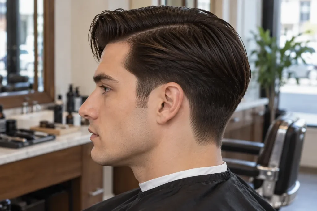 Side profile of a swept side part with a softly shortened temple and substantial upper-side hair