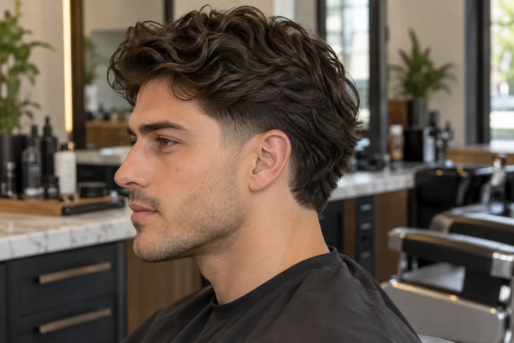 Side profile with wavy volume on top, a short temple blend and fuller hair behind the ear