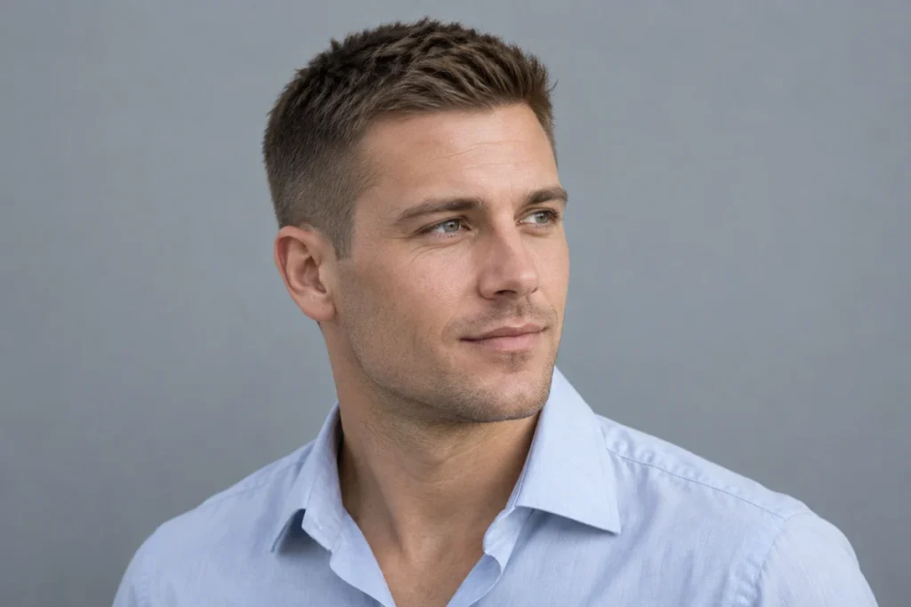 Short upright brown top with a slightly longer front and close tapered sides