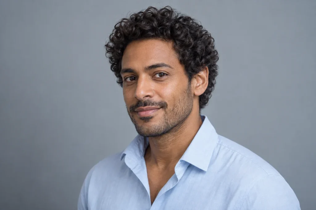 Defined brown ringlets forming a rounded top and fuller curly sides