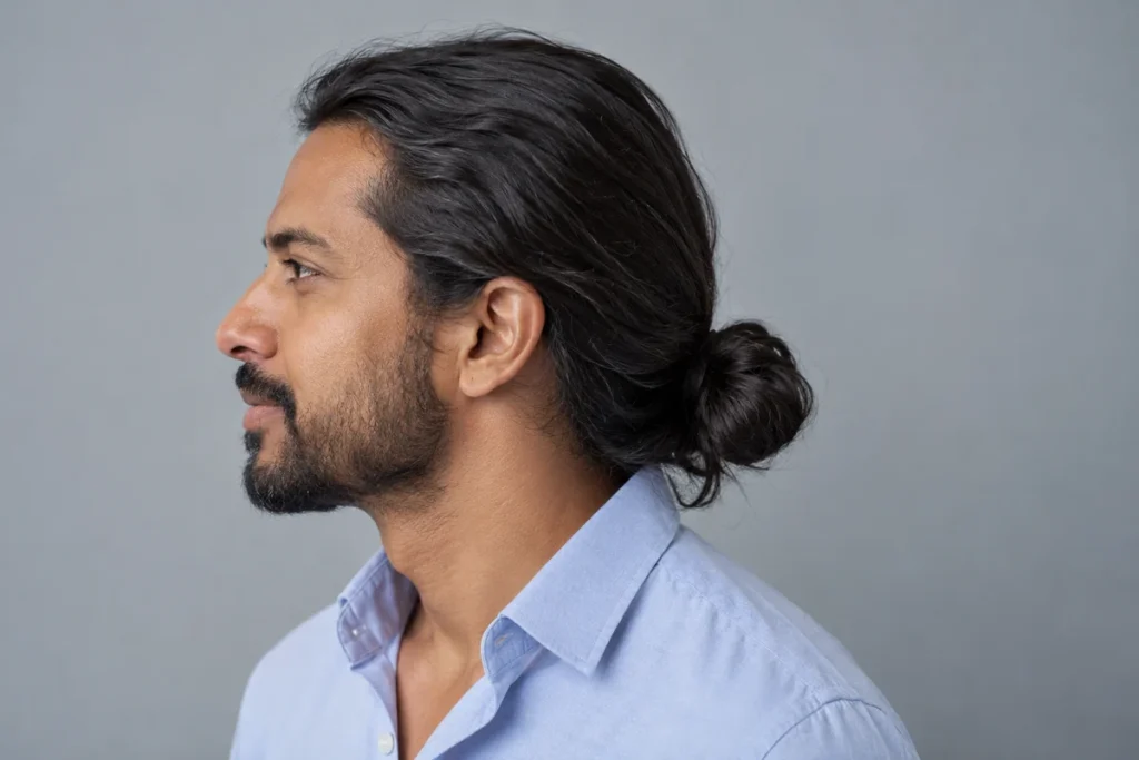 Side profile showing long dark hair gathered into a low bun at the nape