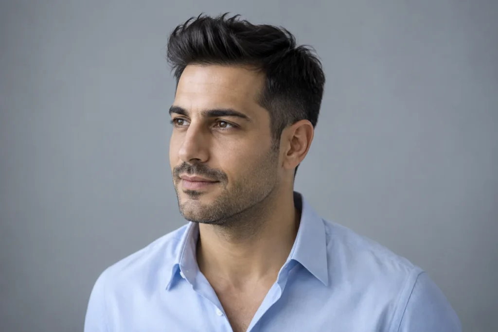 Dark front hair lifted upward and backward above shorter tapered sides