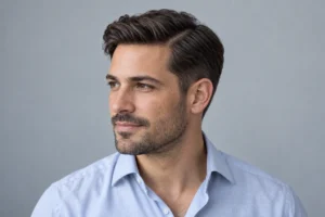 Brown side-parted hair combed diagonally over softly tapered sides