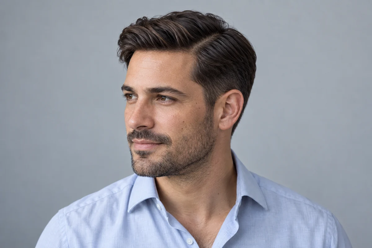Brown side-parted hair combed diagonally over softly tapered sides