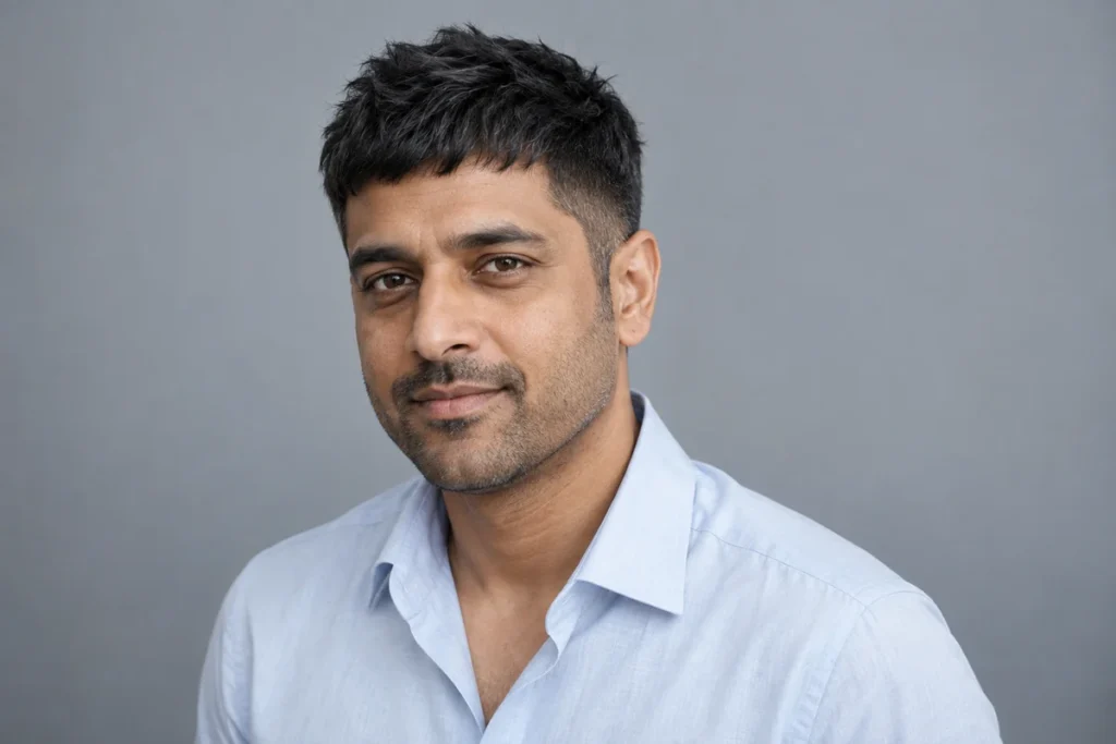 Short dark forward texture with an irregular fringe high above the eyebrows