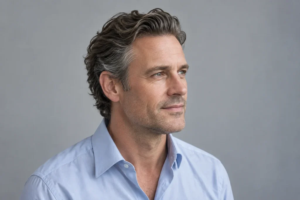 Salt-and-pepper waves brushed back with fuller blended sides