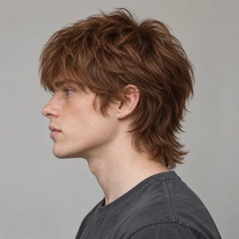 Auburn straight wolf cut in side profile with piecey crown layers and a wispy nape