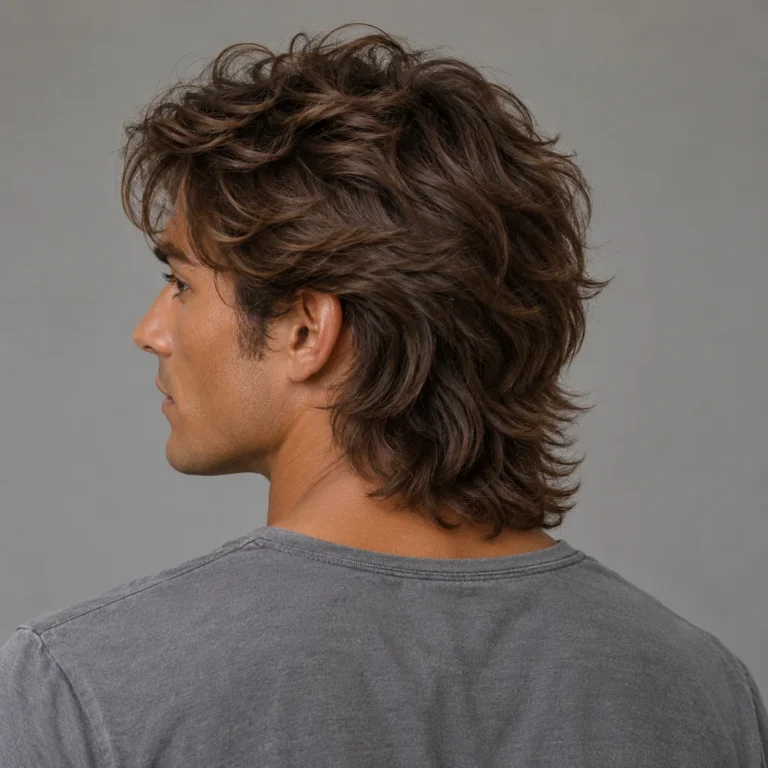 Rear three-quarter view of a long wavy wolf cut with fuller feathered layers at the nape