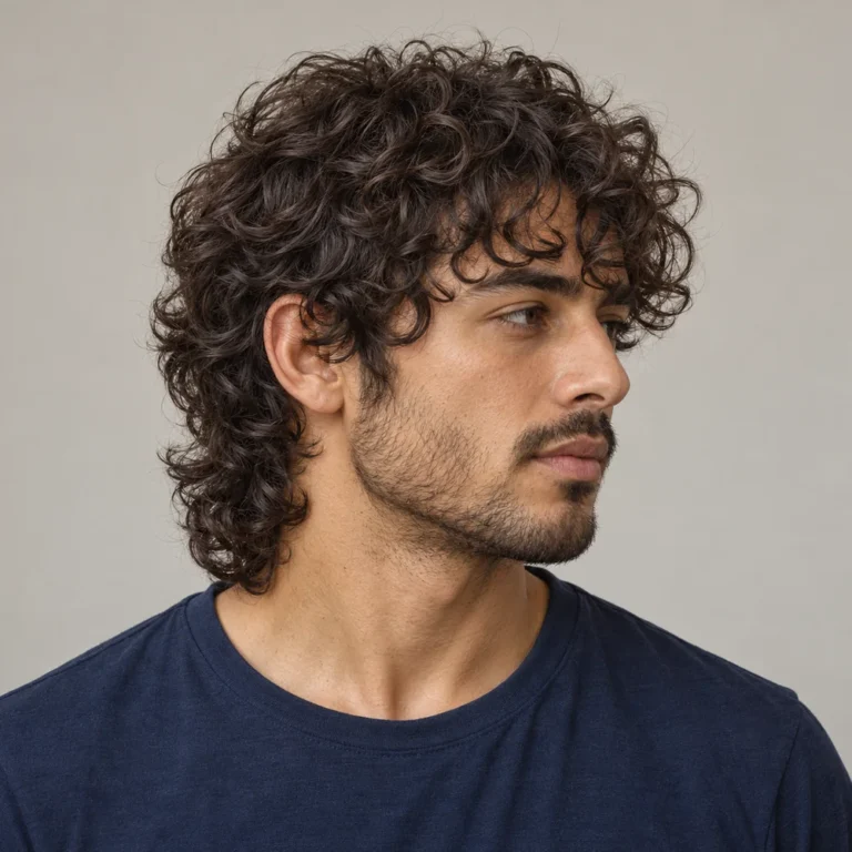 Curly wolf cut with curly forehead fringe, shorter crown layers and longer nape curls