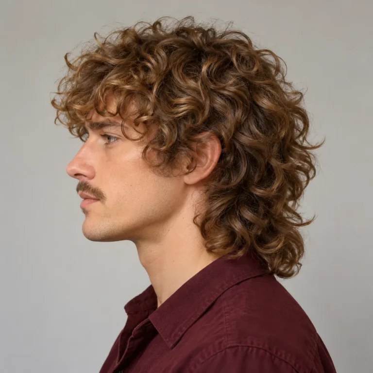 Side profile of a loose curly wolf cut with separated upper curls and longer rear ringlets