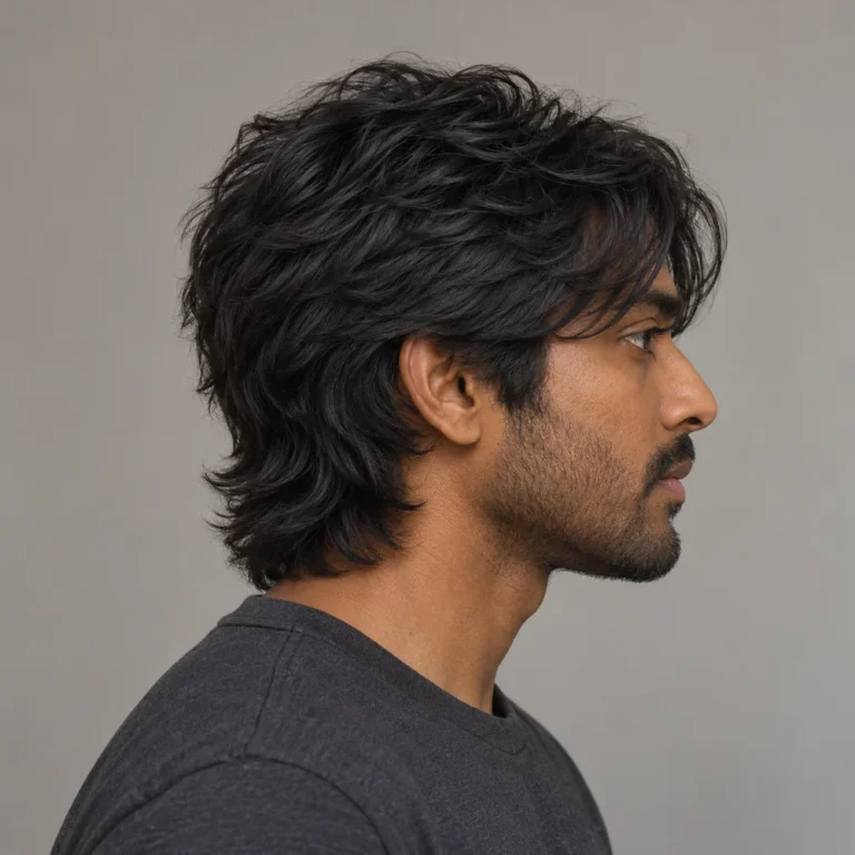 Medium black wolf cut in side profile with shaggy layers and retained hair around the ear