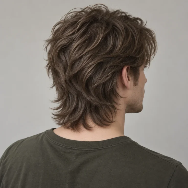 Rear three-quarter view of a long mostly straight wolf cut with feathered crown and nape layers