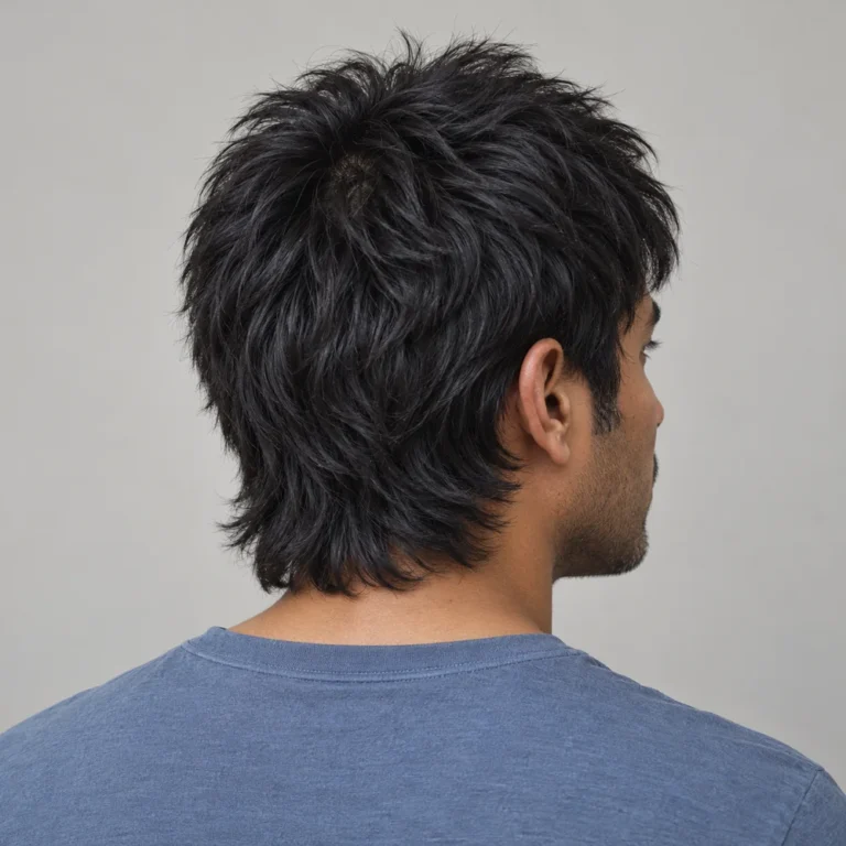 Rear three-quarter view of a compact wolf cut with choppy crown and shorter feathered nape