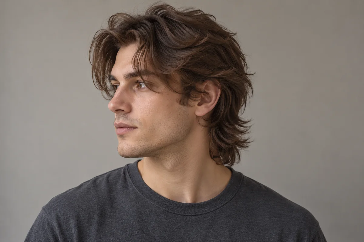Medium wavy wolf cut with shorter shaggy crown layers, parted fringe and a feathered nape