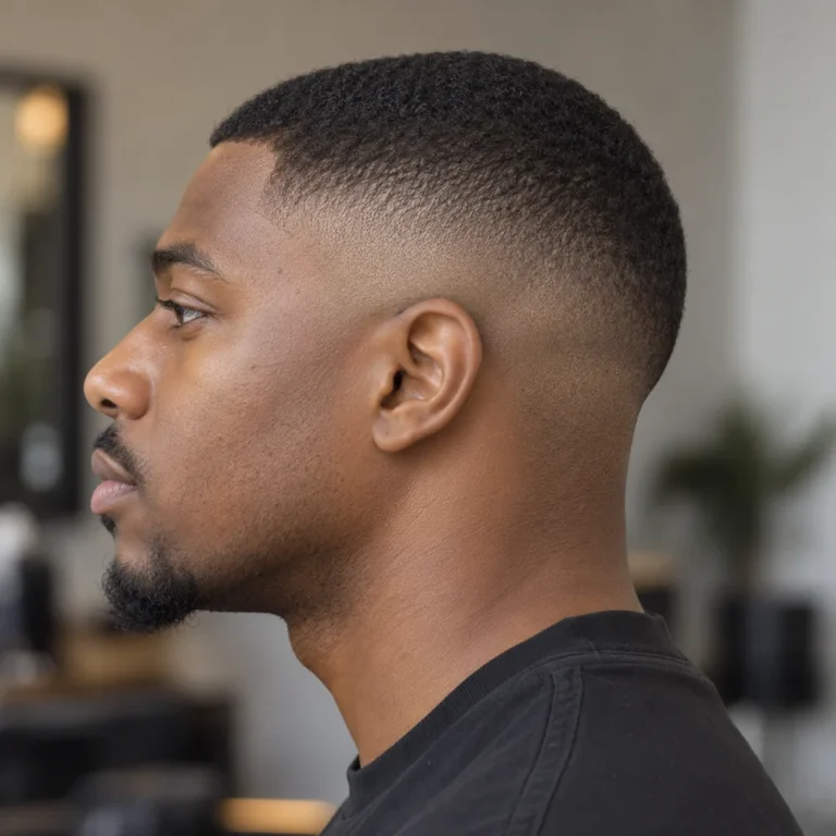 High fade haircut with a short coily buzz top and visible stubble at the base