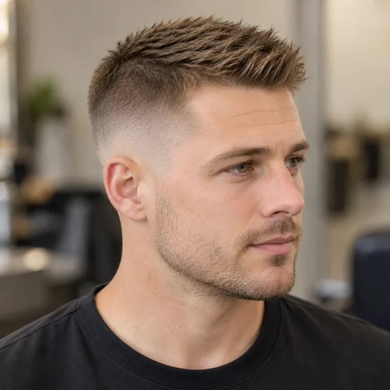 High fade with a short crew cut and a slightly longer upright front