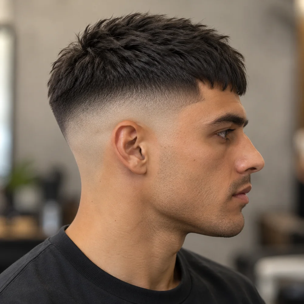 High skin fade in side profile with a short forward textured crop