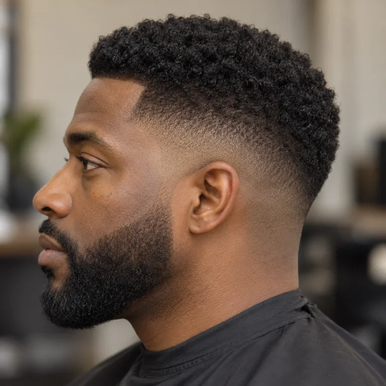 High shadow fade in side profile with a compact rounded coily top