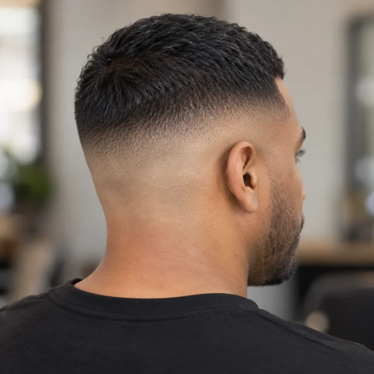 Rear three-quarter view of a high skin fade with a short cropped top