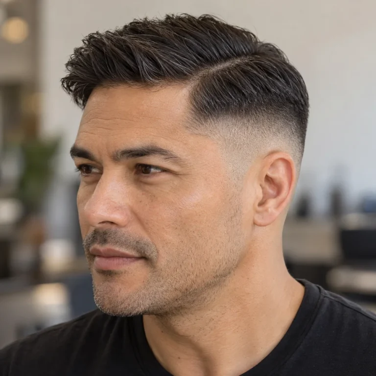 High fade with a natural side part and a short combed top