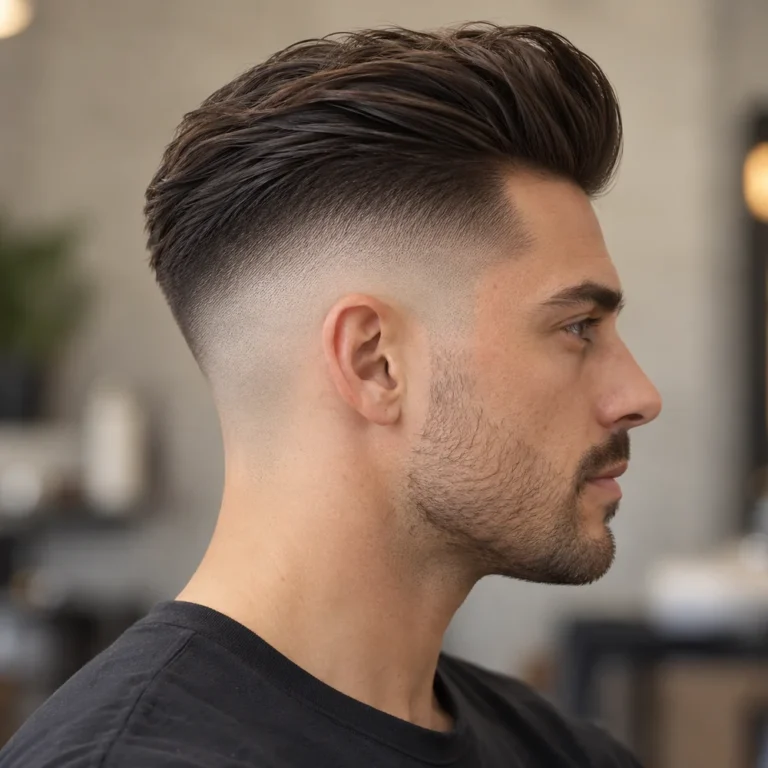 Side profile of a high skin fade with a lifted swept-back pompadour