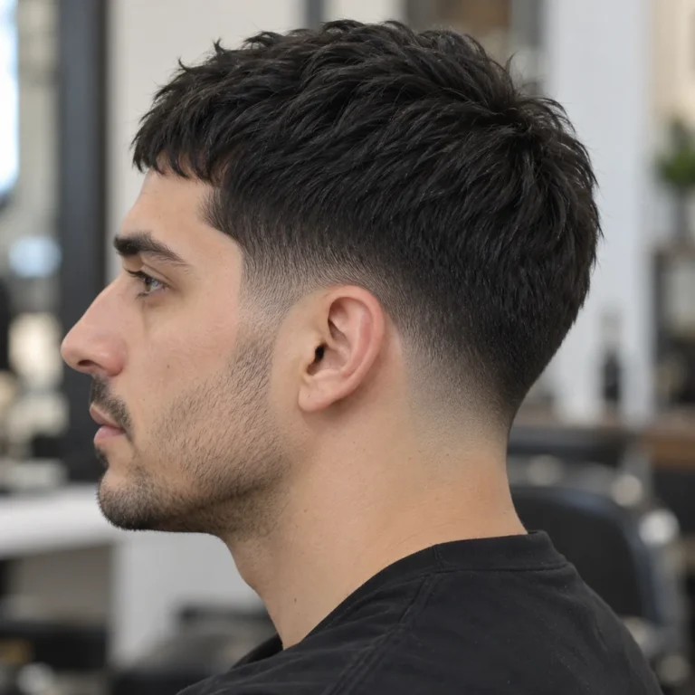 Skin fade haircut with a low transition, short straight crop and retained dark side coverage