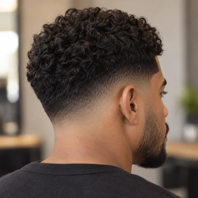 Rear three-quarter view of a low skin fade with curls and darker rear coverage