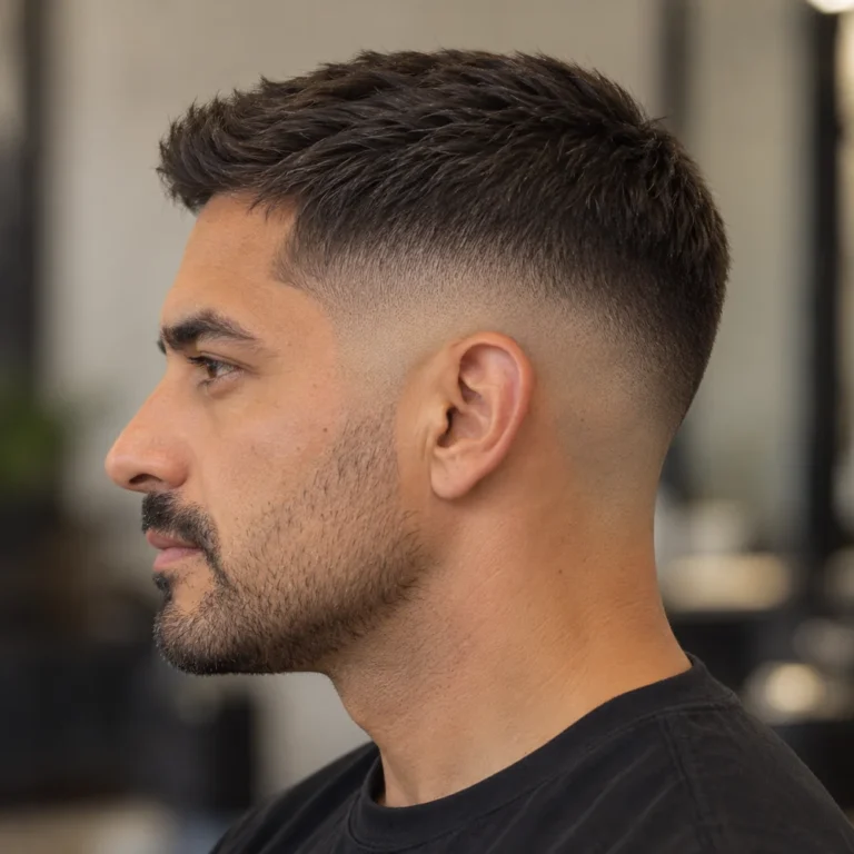 Side view of a mid skin fade with a short crew cut and slightly longer front