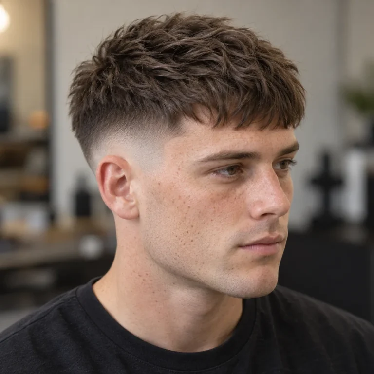 Front three-quarter view of a mid skin fade and short textured forward fringe