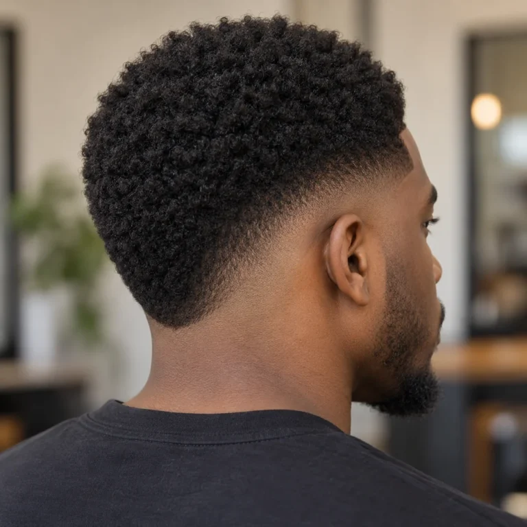 Rear three-quarter view of a drop skin fade curving below a coily top