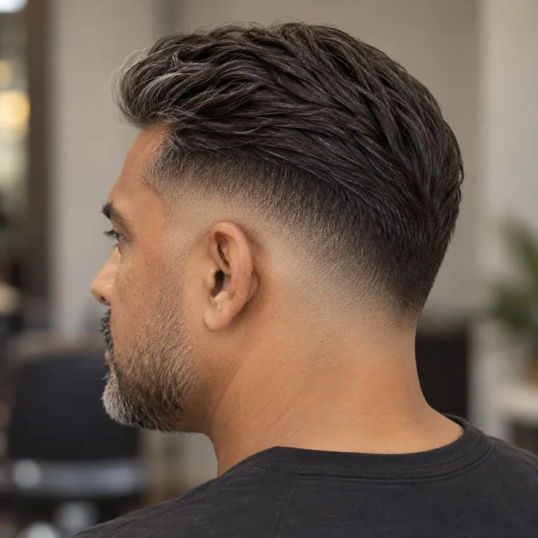 Rearward side view of a drop skin fade with a straight slicked-back top