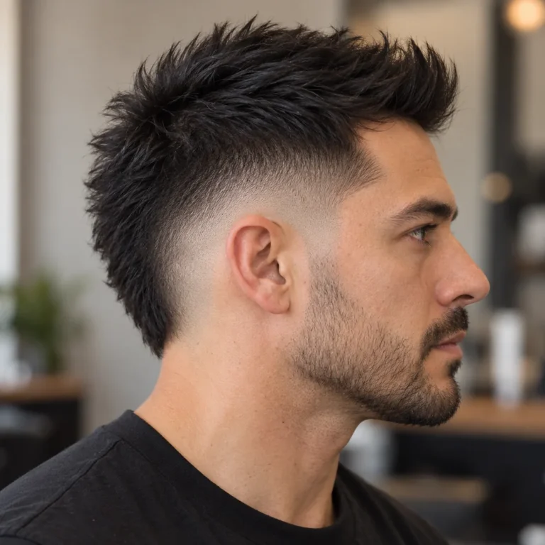 Side view of a burst skin fade with a short textured faux hawk and darker rear