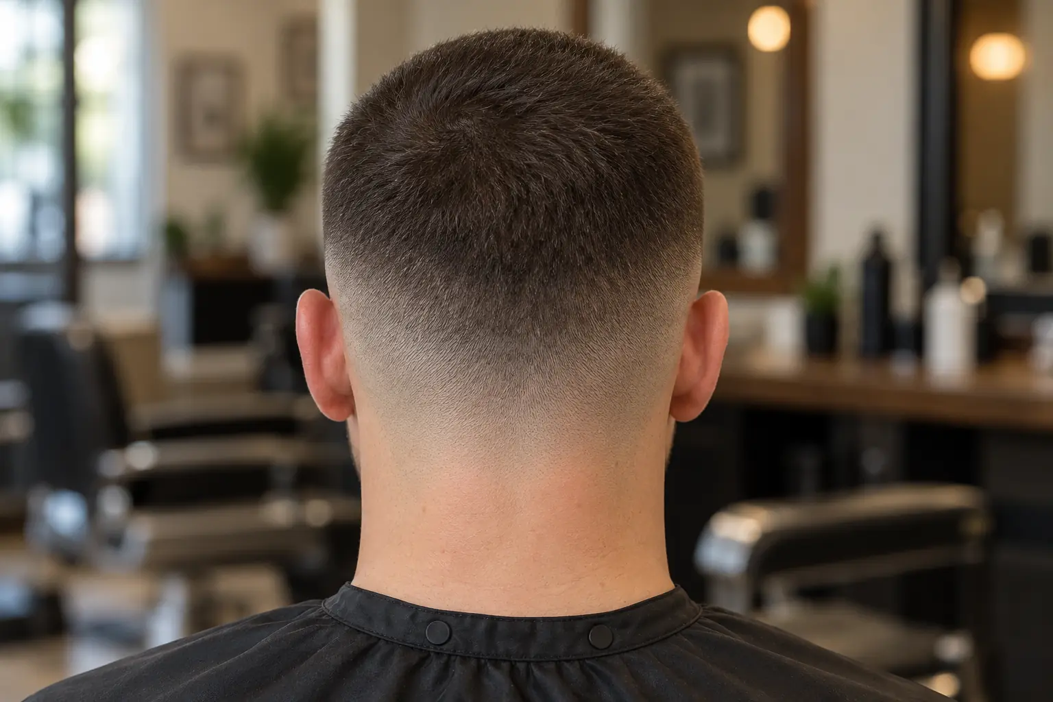 Back view of a buzz cut fade wrapping around the head