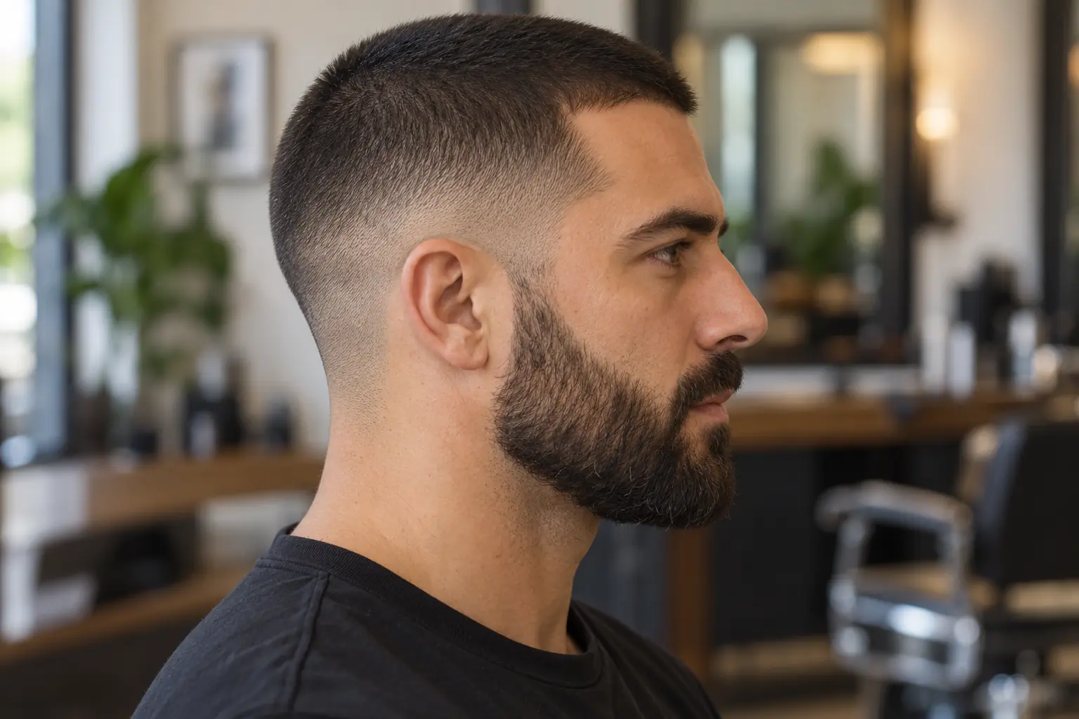 Buzz cut fade blended into a full beard