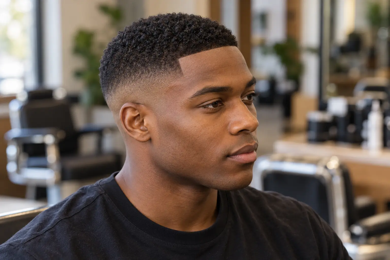 Buzz cut fade with a sharp line-up on coily hair