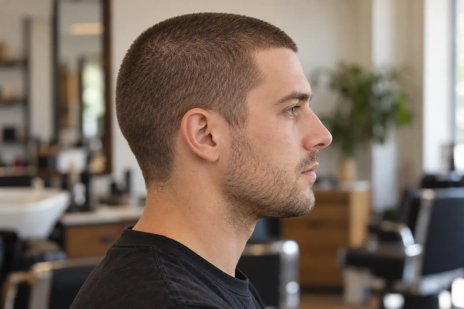Number 1 buzz cut, about an eighth of an inch all over