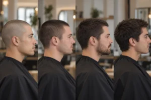 Buzz cut guard sizes compared: four lengths from very short stubble to about one inch