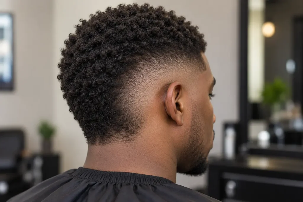 Rear three-quarter view of coily hair with a localized ear fade and dark center-back hair