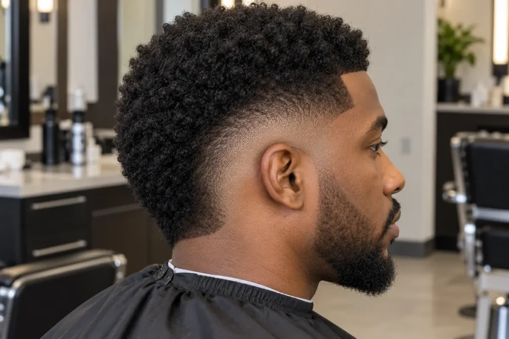 Side profile of a compact coily top with a rounded burst fade around the ear and retained rear hair