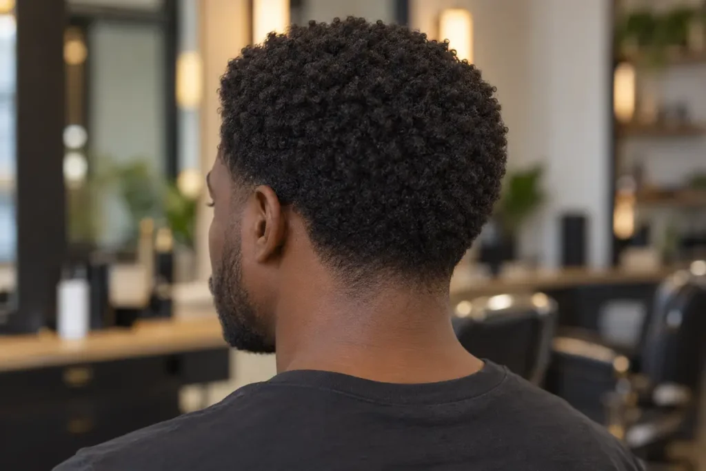 Rear three-quarter view of coily hair with retained center-back weight above a localized neckline taper