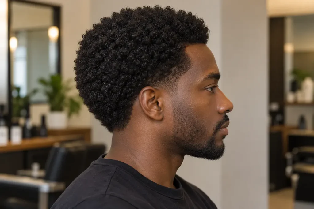 Side view of a rounded coily top with retained dark side weight and a localized temple taper