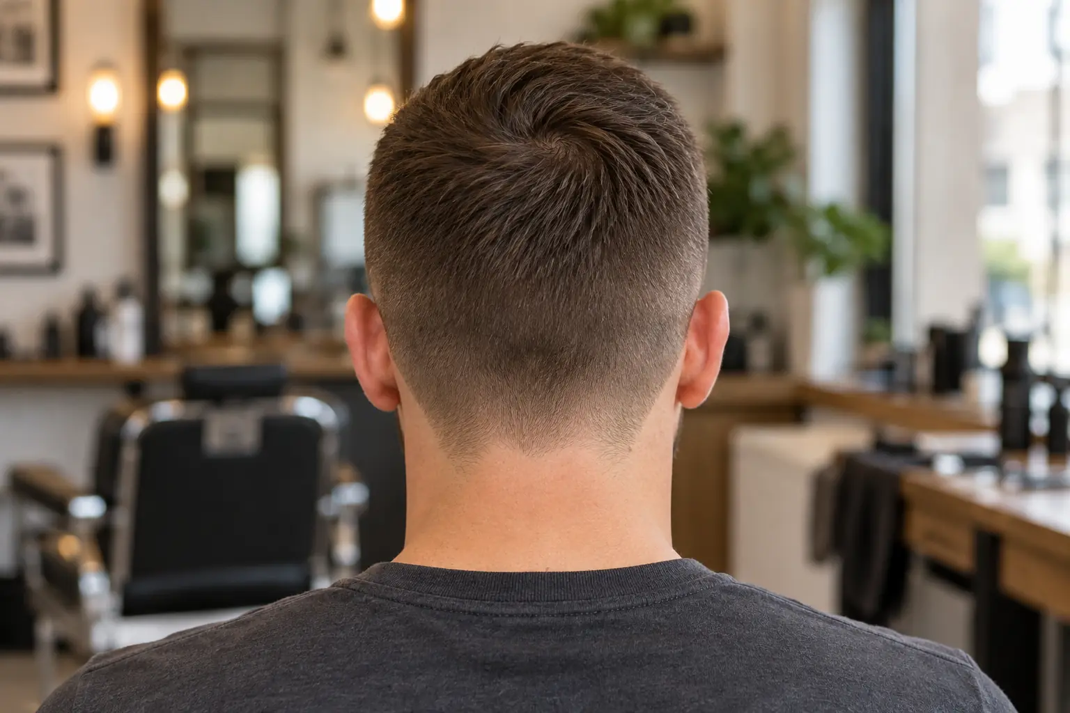 Back view of a crew cut with a tapered neckline