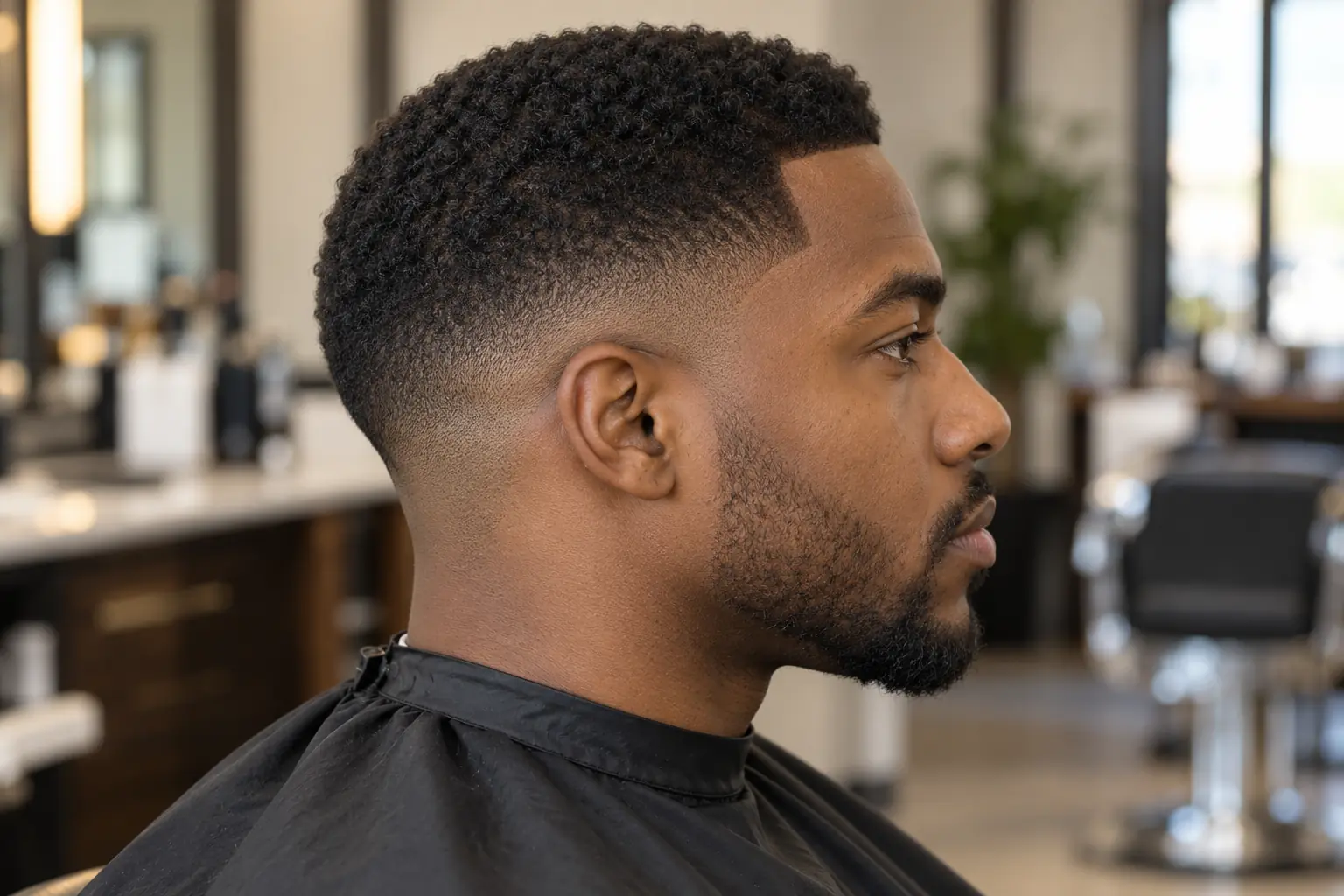 Crew cut with a low skin fade and a line-up