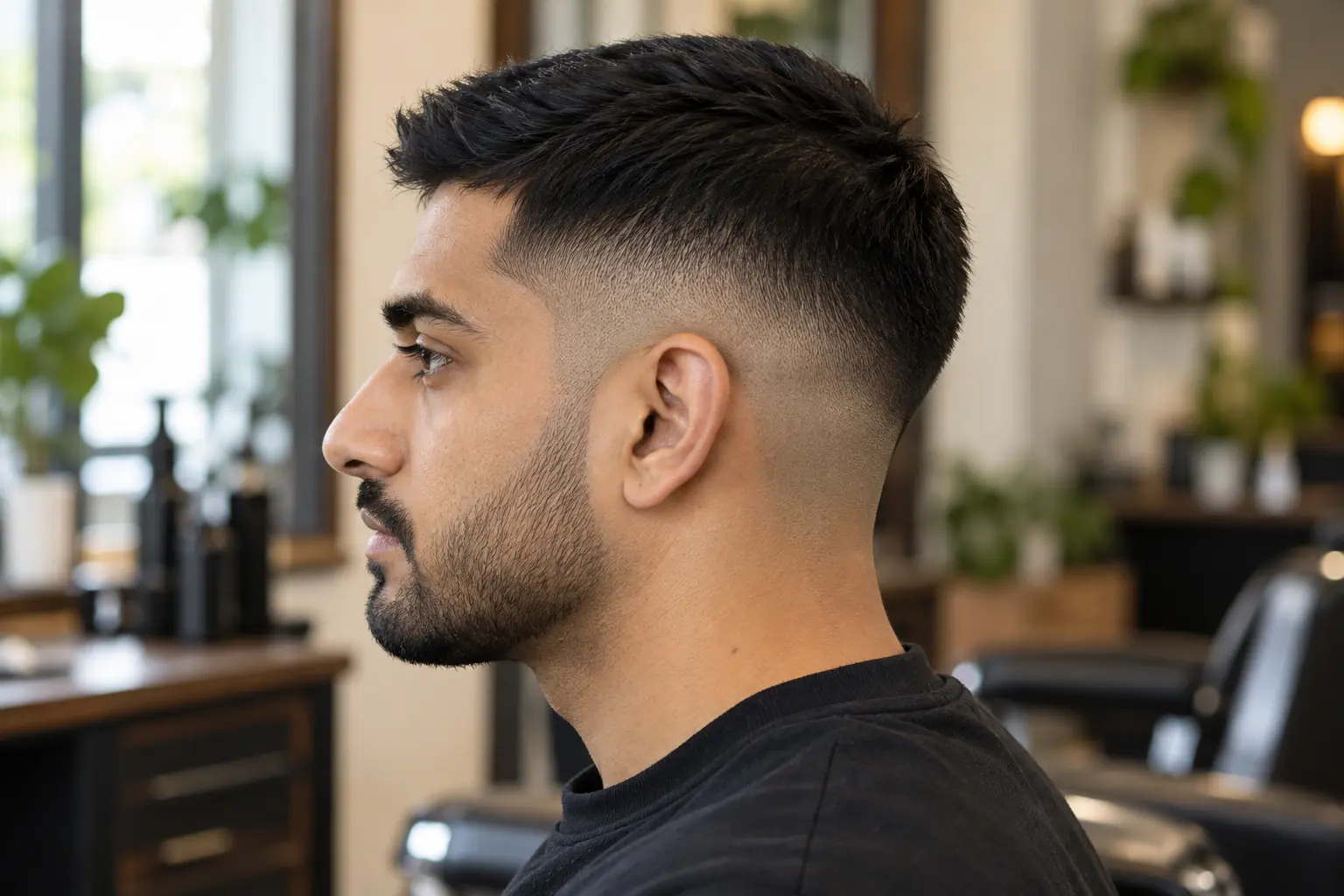 Crew cut with a mid fade, side view